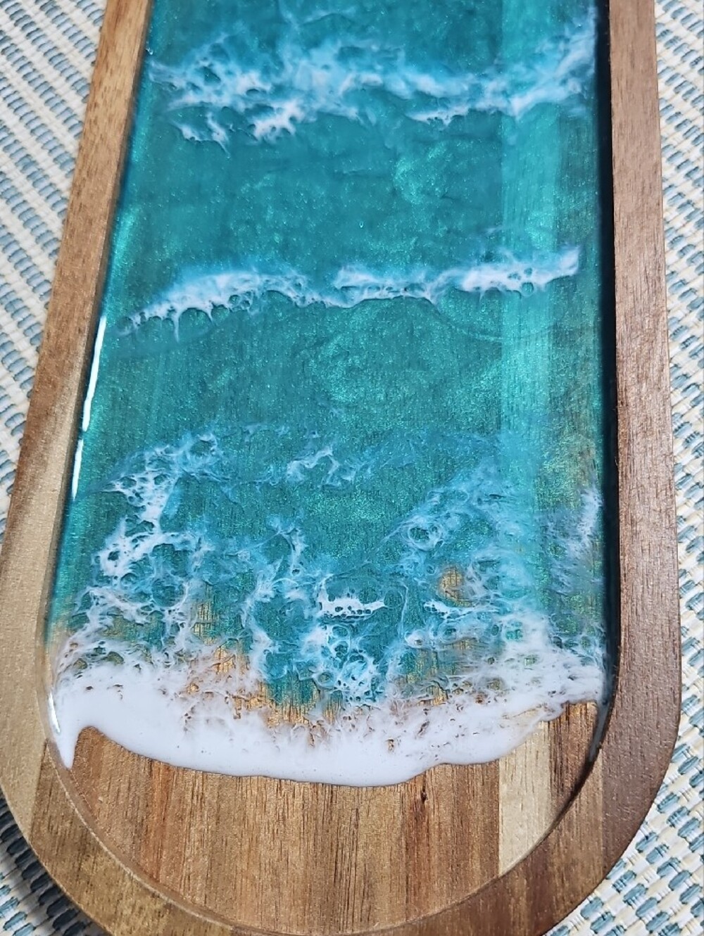 Teal Ocean Resin Acacia Wood Tray - Decorative Home Accent - Picture 2 of 11